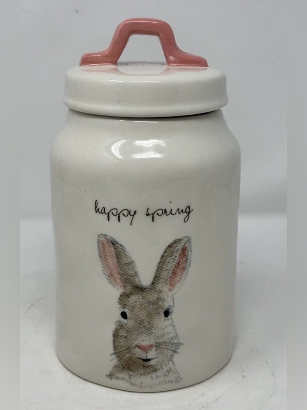 Rae Dunn “Happy Spring” Bunny Rabbit Canister Ivory Pink Handle 7.5” Easter EUC